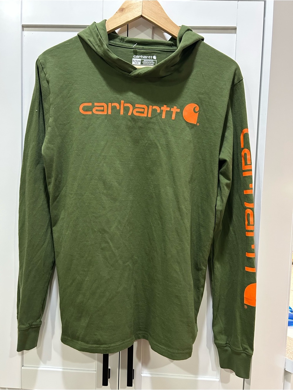 Carhartt Youth XL (18/29) New Green Hooded Long Sleeve Shirt with Orange Logo